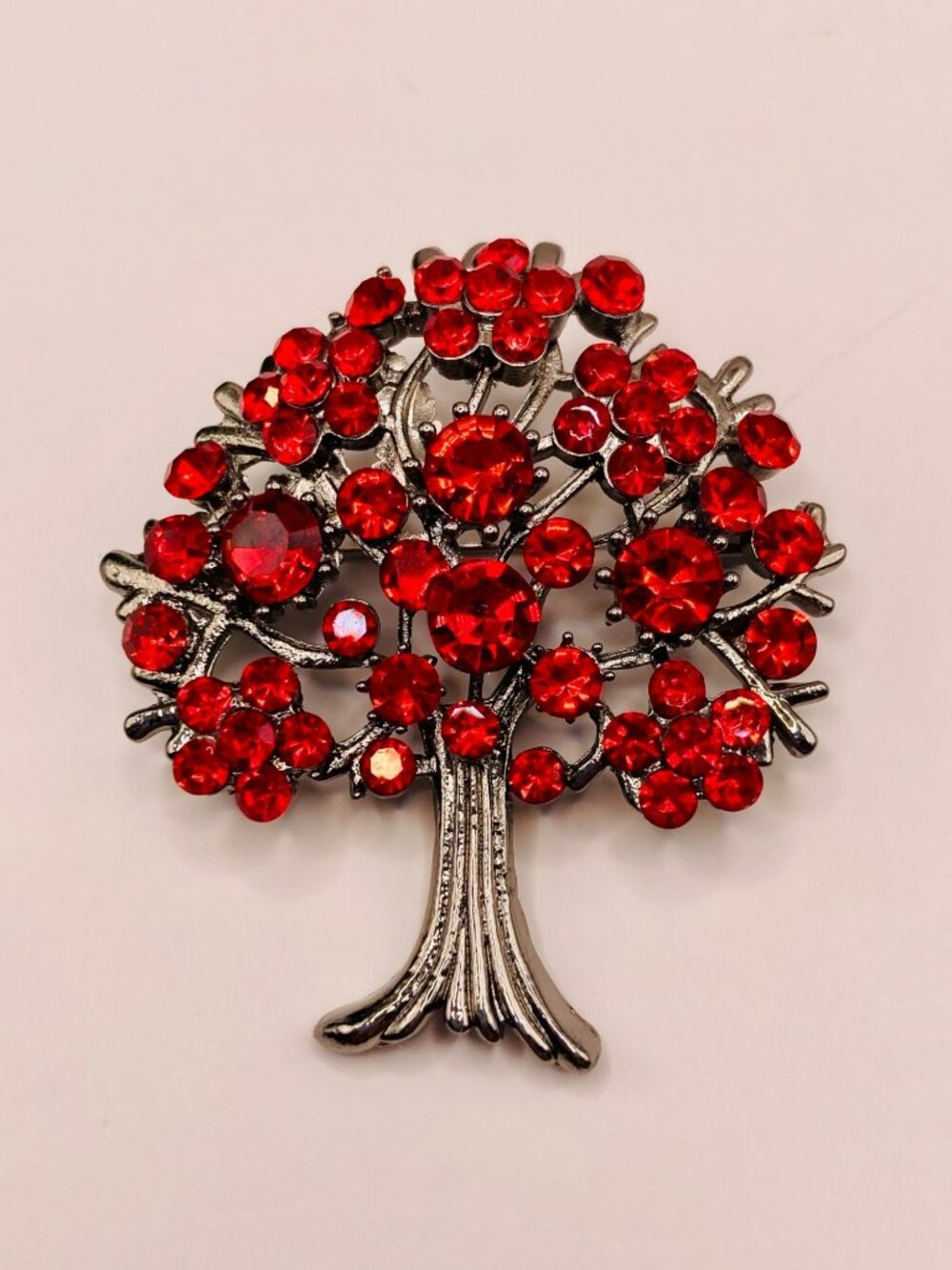 Tree-Shaped Rhinestone Brooch Pin Red Crystal Accents -106B